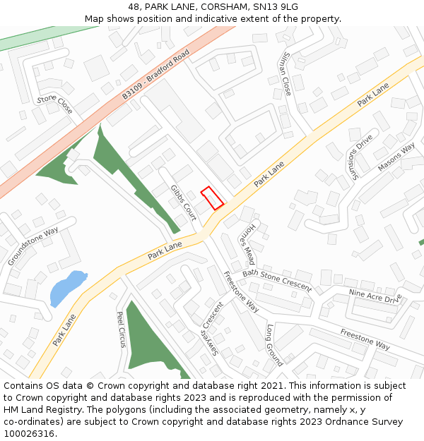 48, PARK LANE, CORSHAM, SN13 9LG: Location map and indicative extent of plot