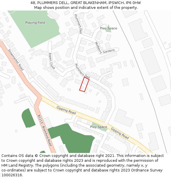 48, PLUMMERS DELL, GREAT BLAKENHAM, IPSWICH, IP6 0HW: Location map and indicative extent of plot