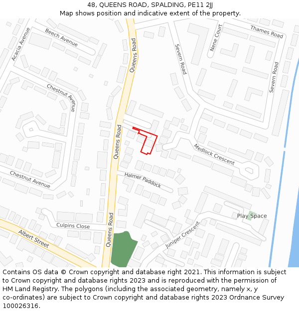 48, QUEENS ROAD, SPALDING, PE11 2JJ: Location map and indicative extent of plot