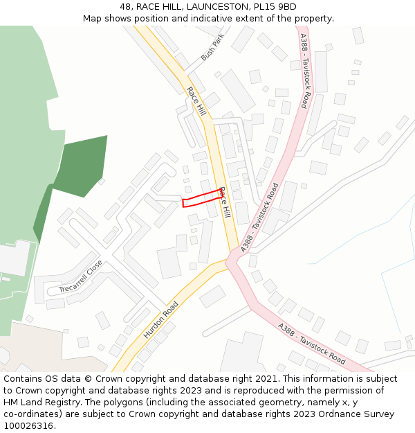 48, RACE HILL, LAUNCESTON, PL15 9BD: Location map and indicative extent of plot