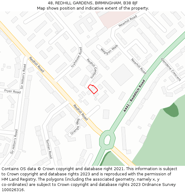 48, REDHILL GARDENS, BIRMINGHAM, B38 8JF: Location map and indicative extent of plot