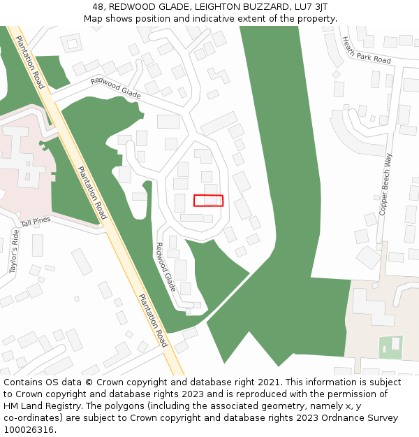 48, REDWOOD GLADE, LEIGHTON BUZZARD, LU7 3JT: Location map and indicative extent of plot