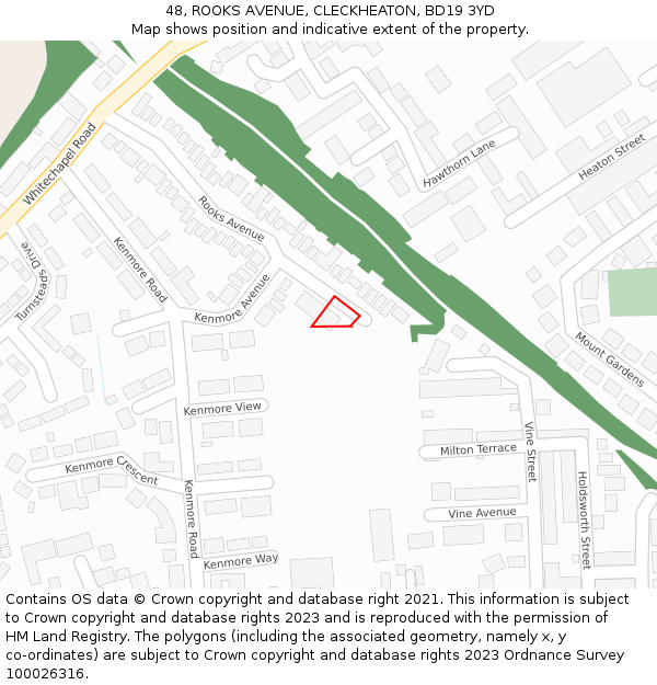 48, ROOKS AVENUE, CLECKHEATON, BD19 3YD: Location map and indicative extent of plot