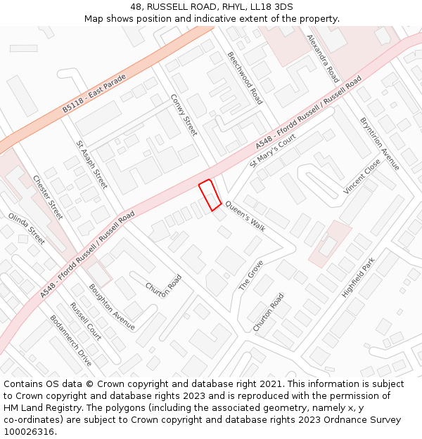 48, RUSSELL ROAD, RHYL, LL18 3DS: Location map and indicative extent of plot