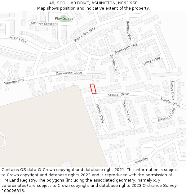 48, SCOULAR DRIVE, ASHINGTON, NE63 9SE: Location map and indicative extent of plot