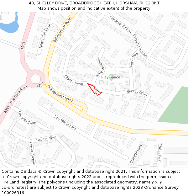 48, SHELLEY DRIVE, BROADBRIDGE HEATH, HORSHAM, RH12 3NT: Location map and indicative extent of plot