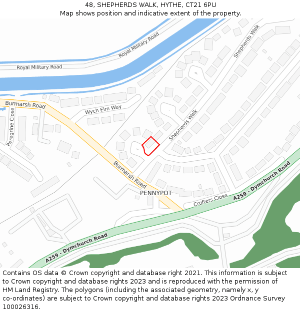 48, SHEPHERDS WALK, HYTHE, CT21 6PU: Location map and indicative extent of plot