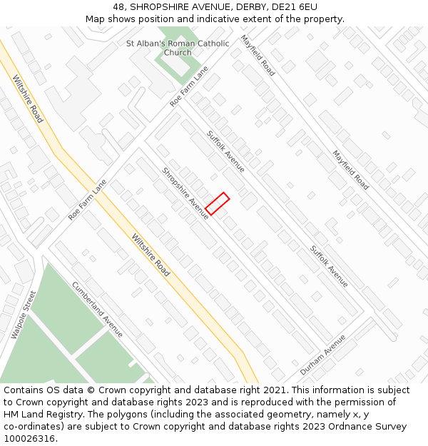 48, SHROPSHIRE AVENUE, DERBY, DE21 6EU: Location map and indicative extent of plot