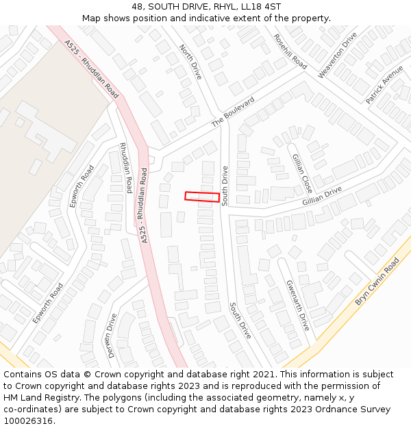 48, SOUTH DRIVE, RHYL, LL18 4ST: Location map and indicative extent of plot
