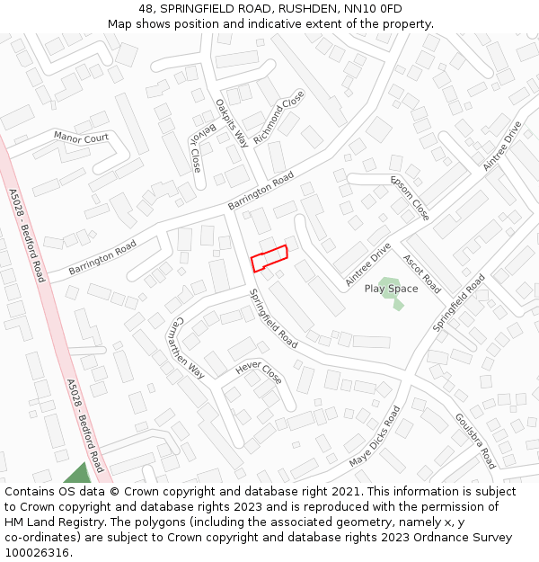 48, SPRINGFIELD ROAD, RUSHDEN, NN10 0FD: Location map and indicative extent of plot