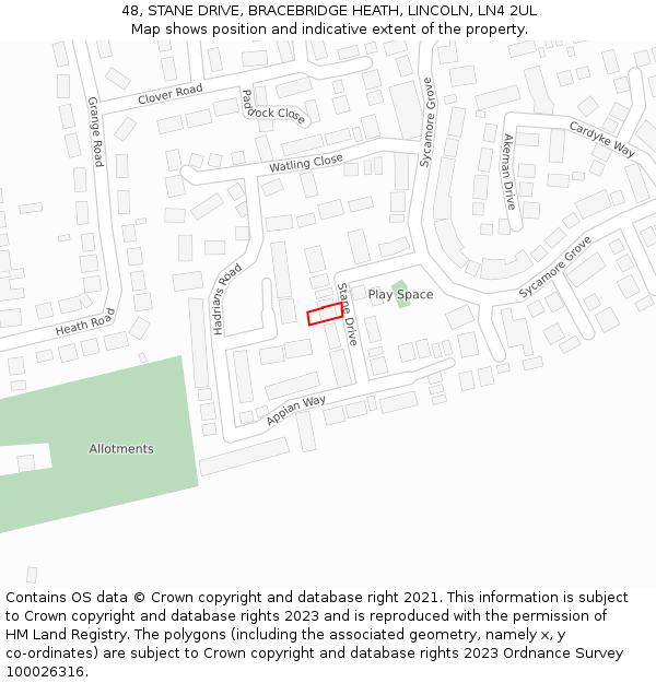 48, STANE DRIVE, BRACEBRIDGE HEATH, LINCOLN, LN4 2UL: Location map and indicative extent of plot