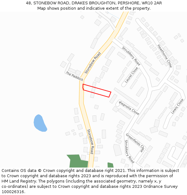 48, STONEBOW ROAD, DRAKES BROUGHTON, PERSHORE, WR10 2AR: Location map and indicative extent of plot