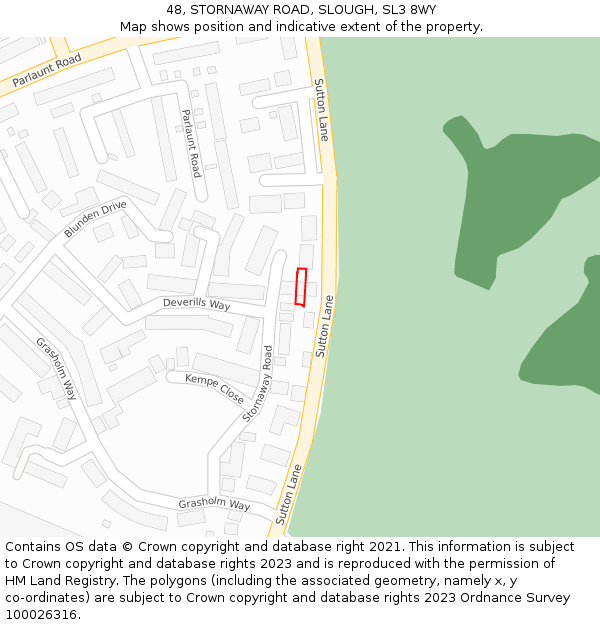 48, STORNAWAY ROAD, SLOUGH, SL3 8WY: Location map and indicative extent of plot