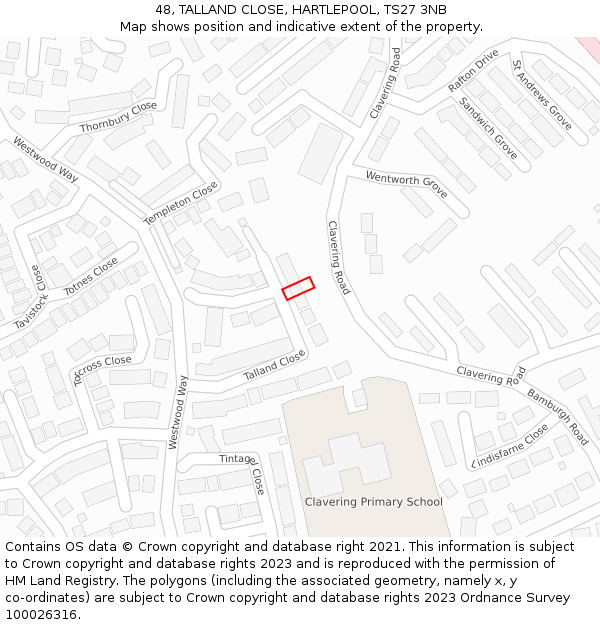 48, TALLAND CLOSE, HARTLEPOOL, TS27 3NB: Location map and indicative extent of plot