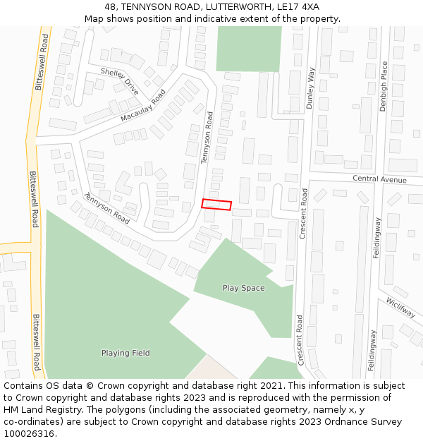 48, TENNYSON ROAD, LUTTERWORTH, LE17 4XA: Location map and indicative extent of plot