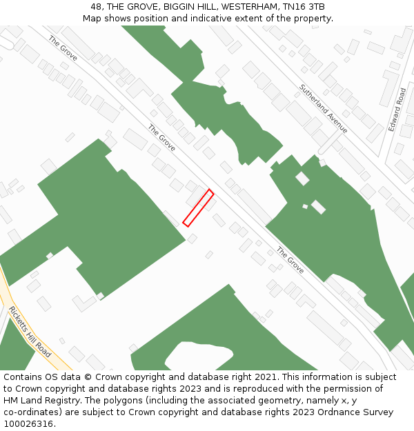 48, THE GROVE, BIGGIN HILL, WESTERHAM, TN16 3TB: Location map and indicative extent of plot