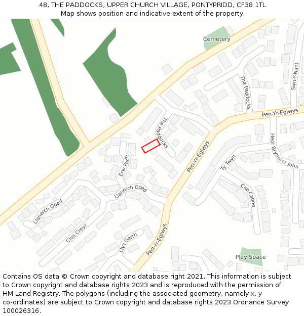 48, THE PADDOCKS, UPPER CHURCH VILLAGE, PONTYPRIDD, CF38 1TL: Location map and indicative extent of plot