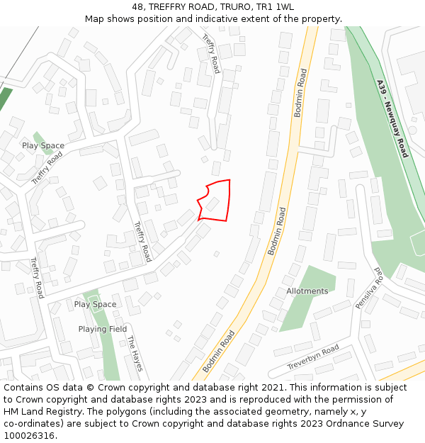 48, TREFFRY ROAD, TRURO, TR1 1WL: Location map and indicative extent of plot