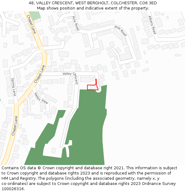 48, VALLEY CRESCENT, WEST BERGHOLT, COLCHESTER, CO6 3ED: Location map and indicative extent of plot