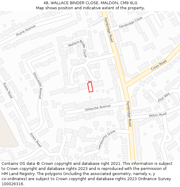 48, WALLACE BINDER CLOSE, MALDON, CM9 6LG: Location map and indicative extent of plot