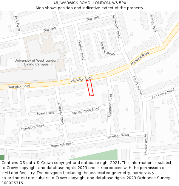 48, WARWICK ROAD, LONDON, W5 5PX: Location map and indicative extent of plot
