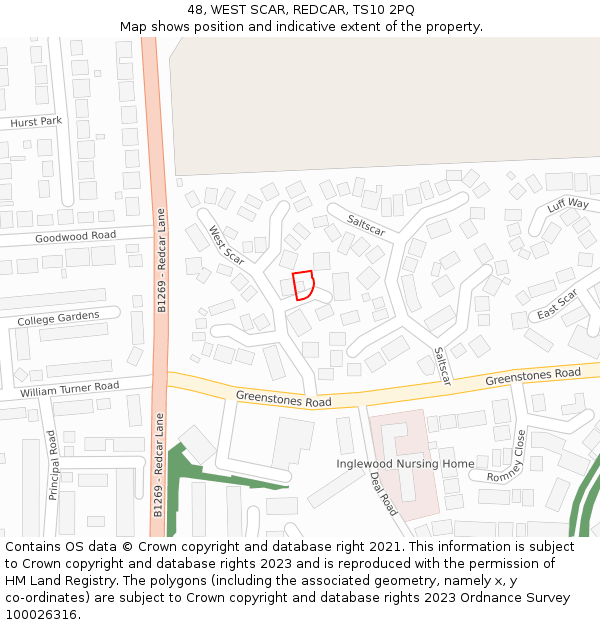 48, WEST SCAR, REDCAR, TS10 2PQ: Location map and indicative extent of plot