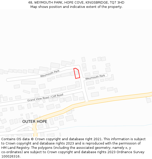 48, WEYMOUTH PARK, HOPE COVE, KINGSBRIDGE, TQ7 3HD: Location map and indicative extent of plot