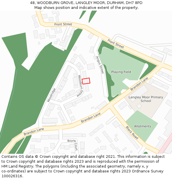 48, WOODBURN GROVE, LANGLEY MOOR, DURHAM, DH7 8PD: Location map and indicative extent of plot