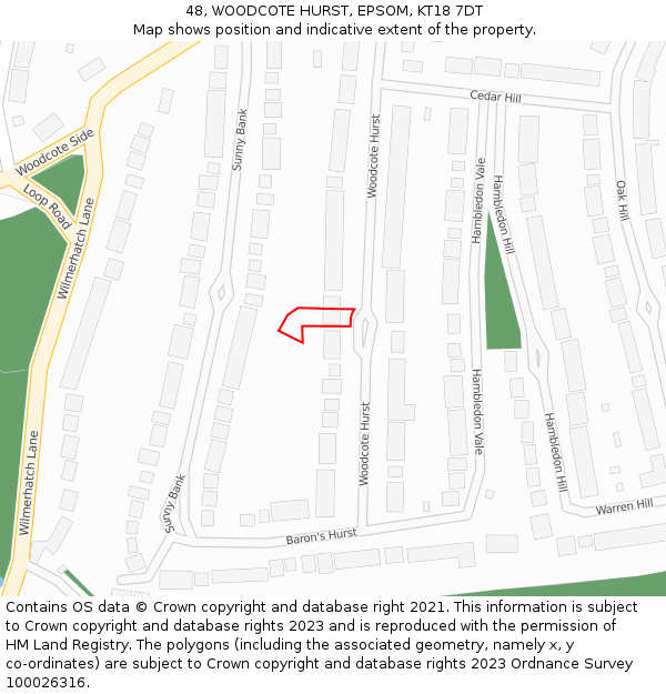 48, WOODCOTE HURST, EPSOM, KT18 7DT: Location map and indicative extent of plot