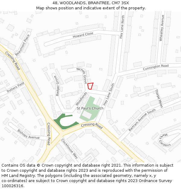 48, WOODLANDS, BRAINTREE, CM7 3SX: Location map and indicative extent of plot