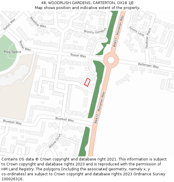 48, WOODRUSH GARDENS, CARTERTON, OX18 1JE: Location map and indicative extent of plot