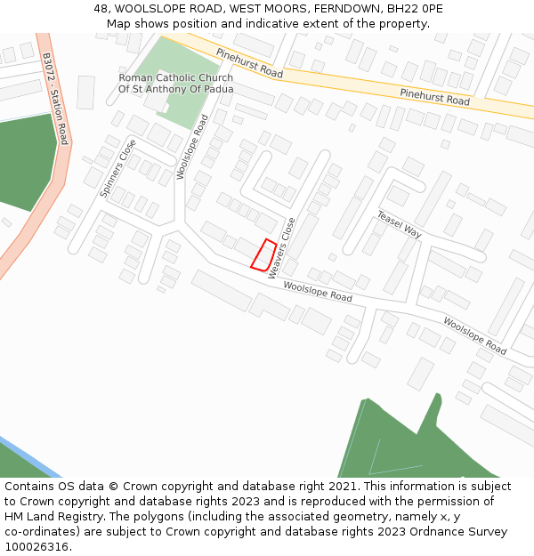 48, WOOLSLOPE ROAD, WEST MOORS, FERNDOWN, BH22 0PE: Location map and indicative extent of plot