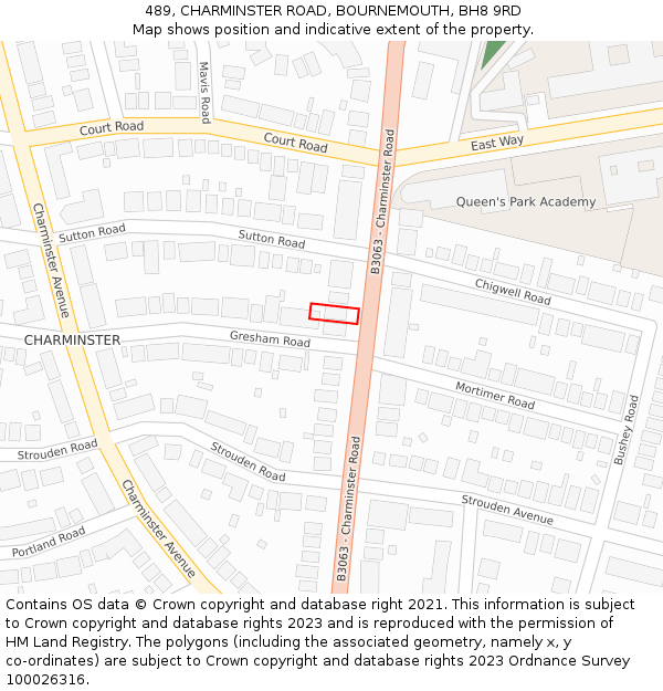 489, CHARMINSTER ROAD, BOURNEMOUTH, BH8 9RD: Location map and indicative extent of plot