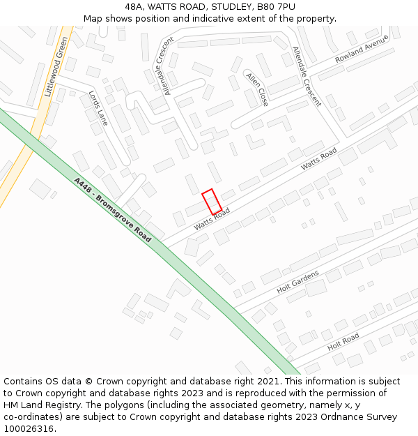 48A, WATTS ROAD, STUDLEY, B80 7PU: Location map and indicative extent of plot