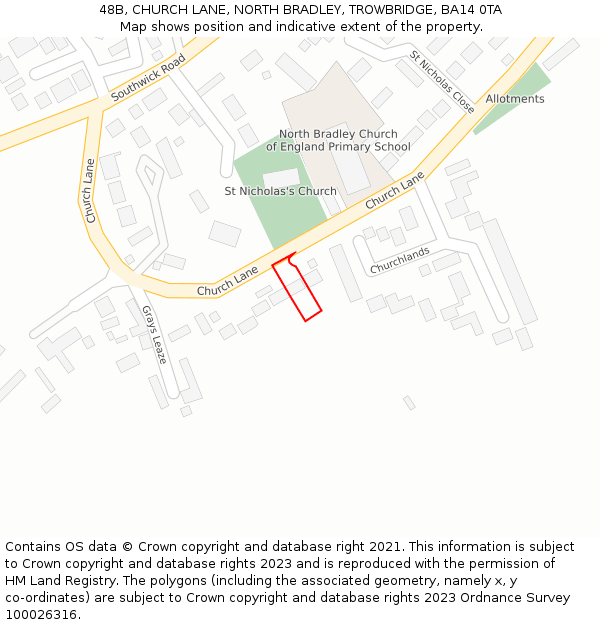 48B, CHURCH LANE, NORTH BRADLEY, TROWBRIDGE, BA14 0TA: Location map and indicative extent of plot