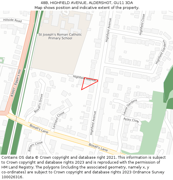 48B, HIGHFIELD AVENUE, ALDERSHOT, GU11 3DA: Location map and indicative extent of plot