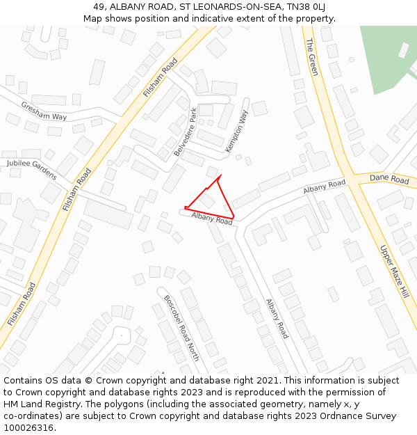 49, ALBANY ROAD, ST LEONARDS-ON-SEA, TN38 0LJ: Location map and indicative extent of plot