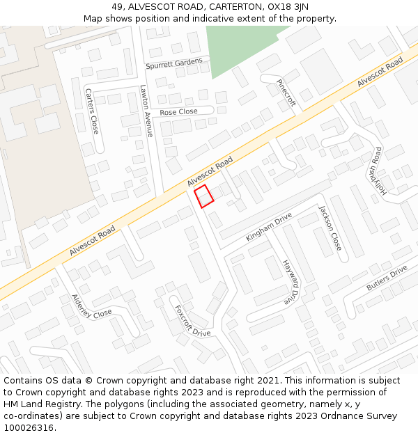 49, ALVESCOT ROAD, CARTERTON, OX18 3JN: Location map and indicative extent of plot