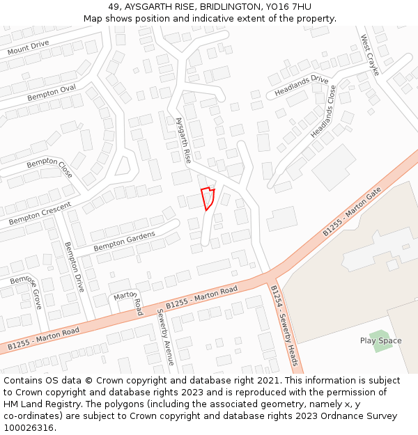 49, AYSGARTH RISE, BRIDLINGTON, YO16 7HU: Location map and indicative extent of plot