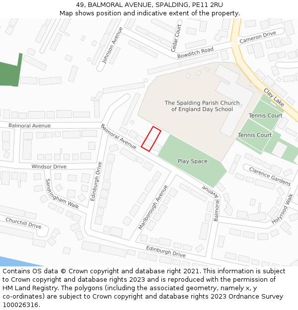 49, BALMORAL AVENUE, SPALDING, PE11 2RU: Location map and indicative extent of plot