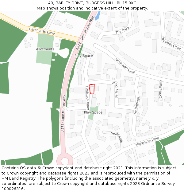 49, BARLEY DRIVE, BURGESS HILL, RH15 9XG: Location map and indicative extent of plot
