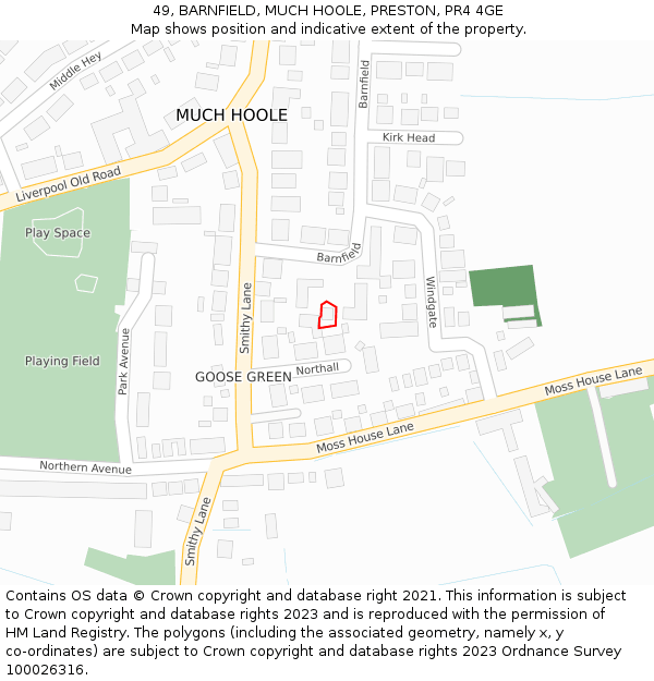 49, BARNFIELD, MUCH HOOLE, PRESTON, PR4 4GE: Location map and indicative extent of plot