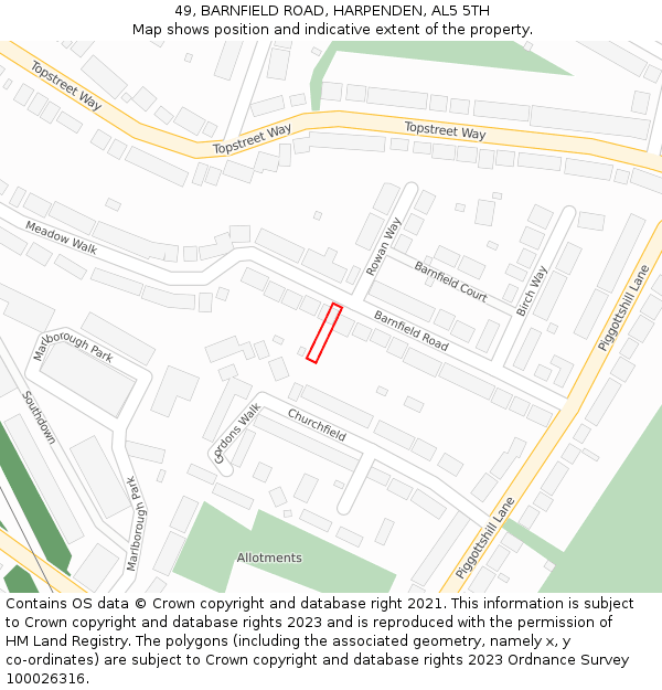 49, BARNFIELD ROAD, HARPENDEN, AL5 5TH: Location map and indicative extent of plot