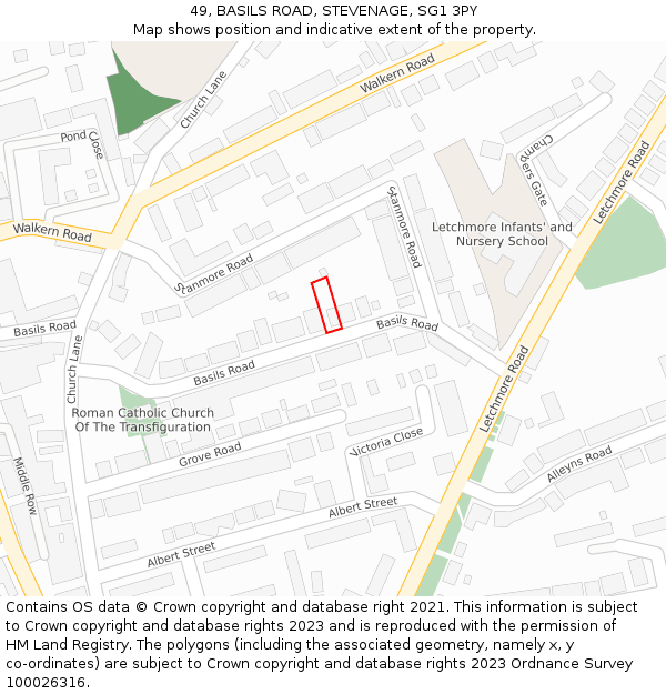 49, BASILS ROAD, STEVENAGE, SG1 3PY: Location map and indicative extent of plot