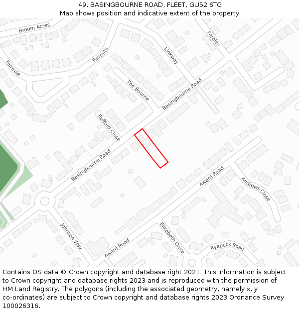 49, BASINGBOURNE ROAD, FLEET, GU52 6TG: Location map and indicative extent of plot
