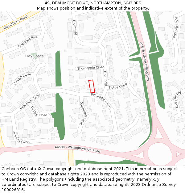 49, BEAUMONT DRIVE, NORTHAMPTON, NN3 8PS: Location map and indicative extent of plot