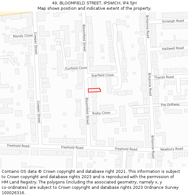 49, BLOOMFIELD STREET, IPSWICH, IP4 5JH: Location map and indicative extent of plot
