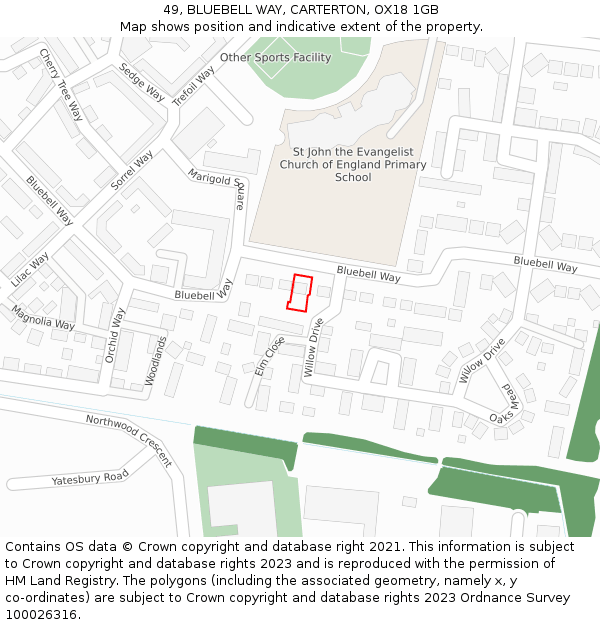 49, BLUEBELL WAY, CARTERTON, OX18 1GB: Location map and indicative extent of plot