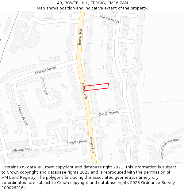 49, BOWER HILL, EPPING, CM16 7AN: Location map and indicative extent of plot