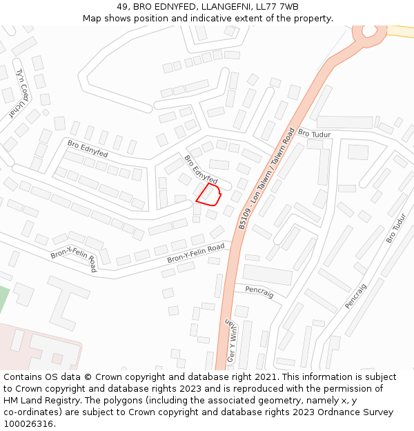 49, BRO EDNYFED, LLANGEFNI, LL77 7WB: Location map and indicative extent of plot